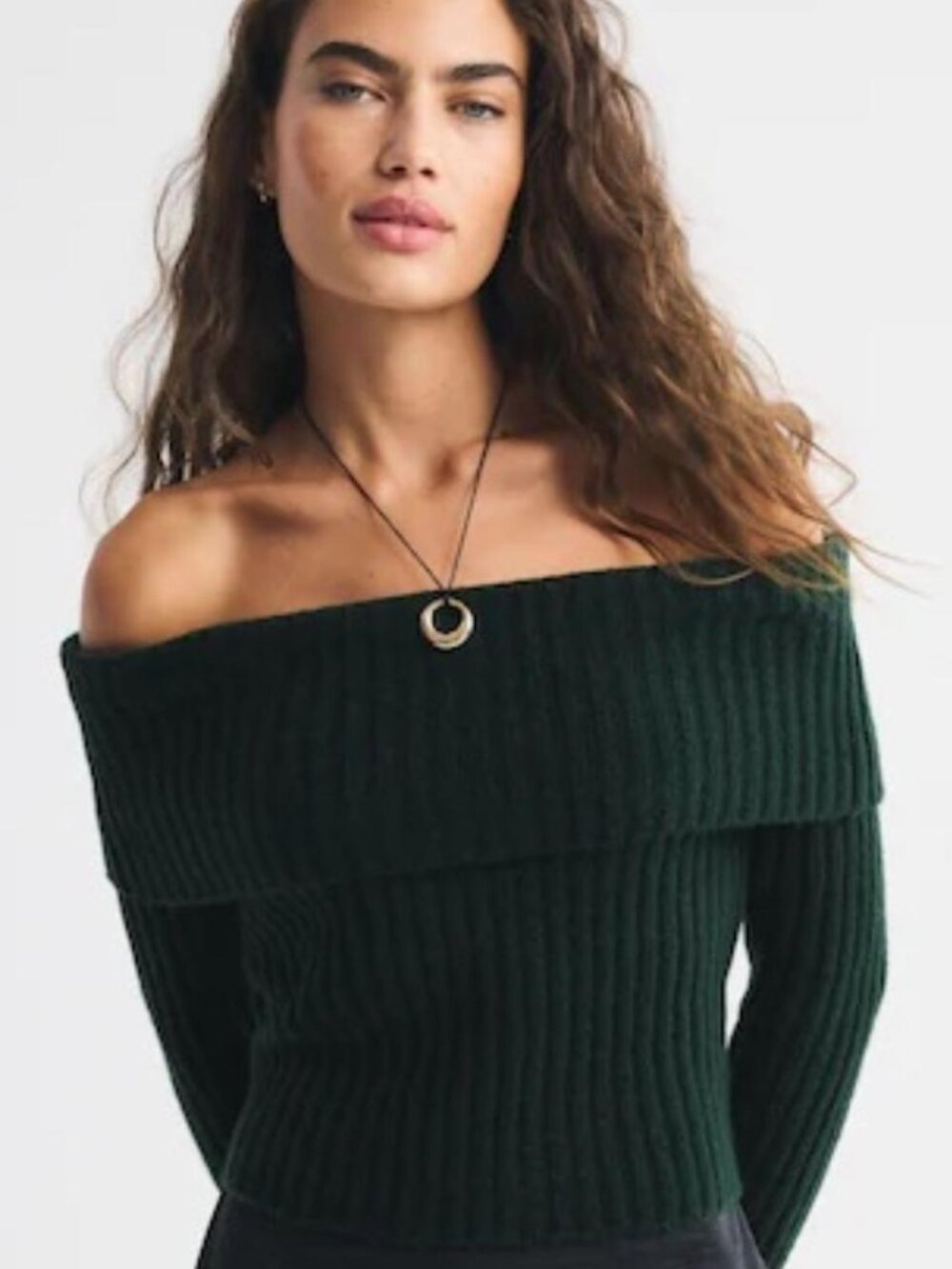 NWT Abercrombie & Fitch Ribbed Foldover Off-the-Shoulder Sweater Green Size M